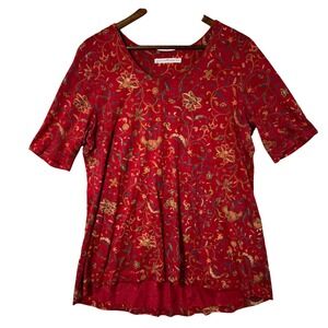 Peruvian Connection Floral Tunic Top Red Pima Cotton Modal Short Sleeve L